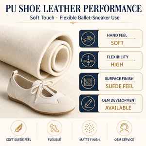 หนังเทียม PU สีครีมขาว ผิวสัมผัสคล้ายหนังกลับ สำหรับทำรองเท้าบัลเลต์แบบสวม รองเท้าผ้าใบ ผลิตตามสั่ง โรงงานบังกลาเทศ วัตถุดิบแบบม้วน - Product Image 1