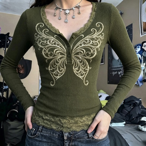 Camiseta con Estampado Y2K, Efecto de Dos Piezas, con Parches de Encaje y Bloques de Color, Manga Larga, Estilo Vintage, Casual, para Mujer - Product Image 4