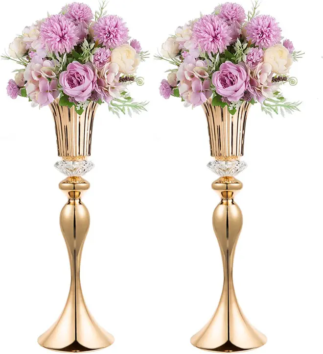 NOUVEAU Vase en or pour centre de table de mariage Vase trompette à fleurs en métal avec perles de cristal Vases à fleurs hautes pour décoration de table et de fête