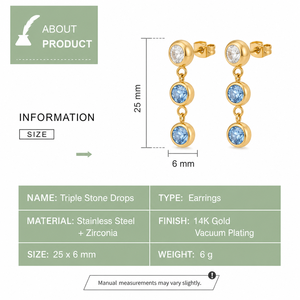 ต่างหูทรงหยดน้ำเซอร์โคเนีย สแตนเลสสตีล ชุบทอง 14K สีฟ้าใส ทรงกลมสามชั้น แบบห้อย ตัวล็อคแบบผีเสื้อ - Product Image 3