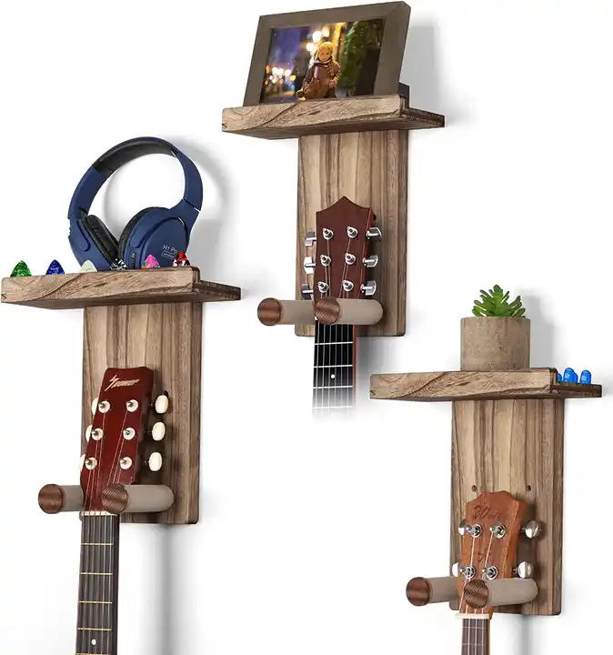 Support mural de guitare Cintre mural de guitare Rack suspendu de guitare  en bois avec étagère de rangement de support de médiator et crochet en  métal 3 pour guitare