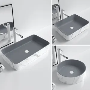 Rectangular Bathroom Water Transfer Printing Artistic Sinks Gray Ceramic Table Top Basin