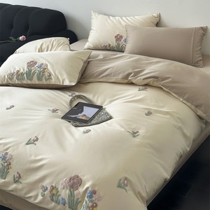 Parure de lit brodée florale en coton à fibres longues 100 fils, respirante, style drap de lit - Product Image 3