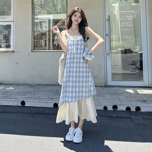 French Style Blue Plaid Suspender Dress Spaghetti Strap Mid Length Casual Dress For Holiday Beach Vacation - Product Image 1