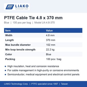 สายรัดเคเบิล PTFE ขนาด 4.8x370 มม. สีฟ้า  สายรัดซิปฟลูออโรโพลิเมอร์ บรรจุ 100 ชิ้น/ถุง ทนความร้อนสูง ทนสารเคมี - Product Image 4