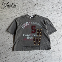 T-shirt sweat-shirt à manches courtes personnalisé par le fabricant, effet vieilli, vintage, délavé à l'acide, streetwear, style déchiré, hip-hop, col rond