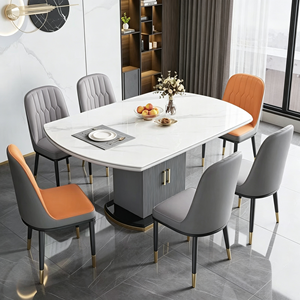 Ensemble de table à manger ovale moderne avec plateau en marbre blanc et 6 chaises en PU gris orange pour la maison, la villa, meubles de salle à manger - Product Image 5