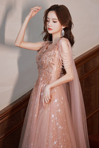 S1661R New Summer Style Long Banquet Temperament Lady Host <b>pink</b> Starry Sky Evening Dress - Product Image 3