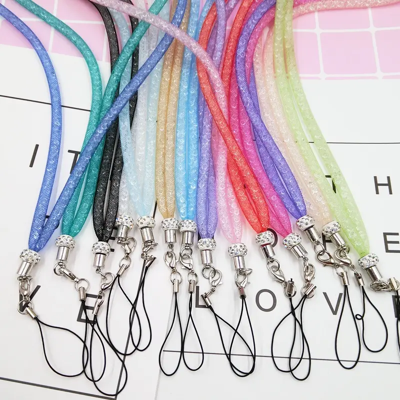 Hot Selling Bling Glitter Diamond Crystal Nylon Cell Phone Lanyard For Mobile Phone Accessories Long Hanging Rope Neck Straps