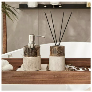 Ensemble d'accessoires <span class=keywords><strong>de</strong></span> <span class=keywords><strong>salle</strong></span> <span class=keywords><strong>de</strong></span> <span class=keywords><strong>bain</strong></span> 4 pièces en marbre couleur marron clair/beige centenaire <span class=keywords><strong>de</strong></span> haute qualité avec distributeur <span class=keywords><strong>de</strong></span> savon - Product Image 4
