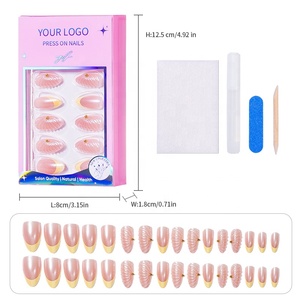 <span class=keywords><strong>Uñas</strong></span> Postizas Cortas Almendradas con Diseño <span class=keywords><strong>de</strong></span> Concha <span class=keywords><strong>de</strong></span> Perla Rosa y Punta Francesa Dorada, 32 Piezas con Pegamento, Descuento <span class=keywords><strong>de</strong></span> Fábrica en Stock, Venta al Por Mayor - Product Image 1