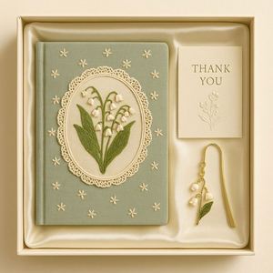 Lily of Valley Embroidered A5 Green Fabric Notebook Lace Trim Vintage Floral Design Sewing Bound Lined Pages for Gift Writing - Product Image 2