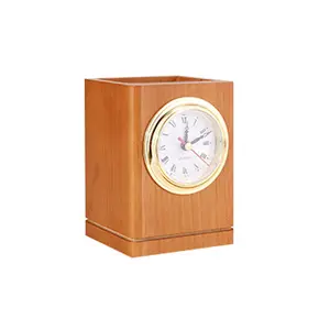 office pen display stand wooden desk organizer pen holder with clock