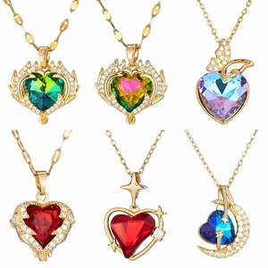 Collier Pendentif Sportif en Cuivre et Cristal Synthétique Ocean Heart, Chaîne de Clavicule en Bambou pour Femme, Luxe Léger et Niche, Rose d'Amour - Product Image 3