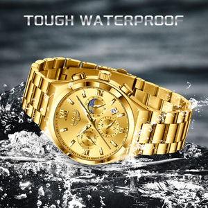 LIGE LG89196 Reloj cronógrafo de acero inoxidable para hombre Cara grande Tono dorado Fácil de leer Cuarzo analógico Números romanos Reloj de pulsera - Product Image 2