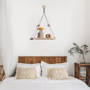 Paquete de 2 <span class=keywords><strong>estantes</strong></span> <span class=keywords><strong>colgantes</strong></span> de pared de madera hechos a mano bohemios, estante rústico de macramé <span class=keywords><strong>para</strong></span> plantas, soporte <span class=keywords><strong>para</strong></span> maceta, estante de almacenamiento <span class=keywords><strong>para</strong></span> Baño - Product Image 5