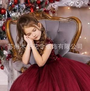 Commerce Extérieur <span class=keywords><strong>Vin</strong></span> Rouge Robe de Soirée <span class=keywords><strong>Pompadour</strong></span> Robe Performance Vêtements Anniversaire Piano Modèle Fleur Fille Robe - Product Image 3