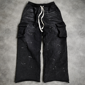 Pantalon de jogging cargo en molleton de coton personnalisé, lavage à l'acide, effet délavé, éclaboussures de peinture pour hommes - Product Image 1