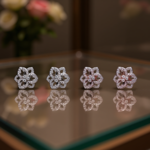 Eleganti Orecchini con Diamanti a Forma di Fiore, Placcati in Oro 18K, Oro Bianco o Oro Rosa, Diamanti Naturali Taglio Brillante Rotondo, per Matrimonio Femminile - Product Image 2