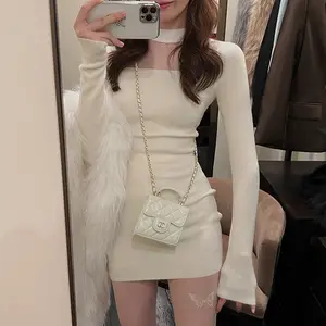 Half high collar, perspective mesh, pure desire, sexy waist, slimming effect, elastic knit dress, buttocks wrapped short skirt
