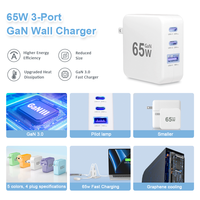 Chargeur mural USB 3 ports GaN 65W en gros, charge rapide, adaptateur d'alimentation pour ordinateur portable Type C, OEM ODM, logo personnalisé disponible