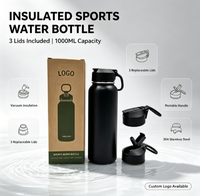 Bouteille d'eau sport en acier inoxydable à double paroi isolée sous vide, écologique, 1000 ml (32 oz), couleur personnalisée, logo, maintien thermique 12-24h