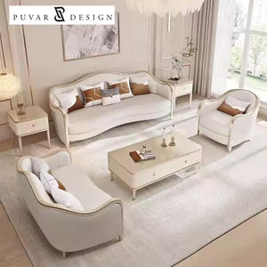 Francês Luxury Palace Villa Madeira Maciça Mão Esculpida Sofá 1 2 <span class=keywords><strong>3</strong></span> Conjunto Combinação Branco Couro Móveis Antigos Sala Sofás - Product Image 1