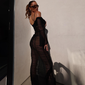 Summer Long Sleeve Spaghetti Strap Dress V-Neck <b>Tie</b> Waist See Through Backless Maxi Dress Black Solid Color <b>Polyester</b> - Product Image 2