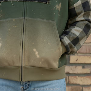 Felpa con Cappuccio Personalizzata ES in Stile Vintage, Lavaggio Acido, Patchwork a Quadri, Blocchi di Colore, Zip, Streetwear Primaverile da Uomo - Product Image 3