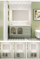 Ensemble de meuble-lavabo de salle de bain en bois de caoutchouc vert laqué de style français avec vasque en céramique intégrée, finition émaillée au four, miroir inclus