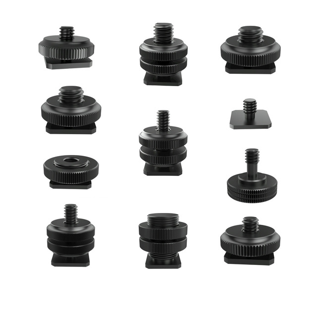 1/4 Camera Hot Shoe Mount, 3/8 to Cold Shoe Adapter, 5/8 Adapter Mount, Tripod Head Extension Screw, Flash Mount.