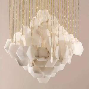 Lámpara Colgante LED Moderna Hexagonal Dorada con Pantallas de Alabastro para Sala de Estar, Tamaño Grande, Luz Blanca Cálida 3500K - Product Image 4