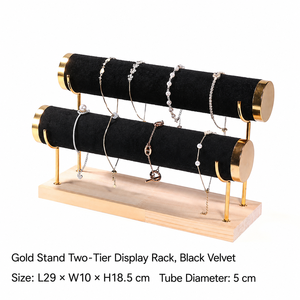 Présentoir à bijoux éco-responsable démontable à un niveau pour bracelets et colliers, base en bois, tube en métal doré et velours, pour comptoir - Vente chaude - Product Image 1