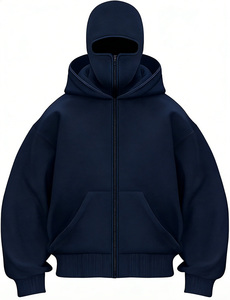 Sudadera con capucha y máscara facial integrada, bordada y teñida lisa, con cremallera completa, de alta calidad, azul marino, estilo táctico urbano, al por mayor para invierno - Product Image 1