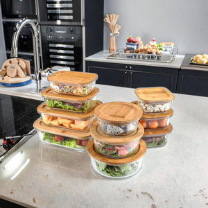 Caja de conservación de tapa de madera de bambú alto con horno de microondas de vidrio simple Fiambrera calentable segura Características MOQ bajo sin BPA - Product Image 3