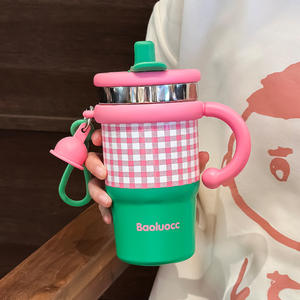 Haute qualité filles tasse à café moderne Plaid Ins Design Portable poignée en acier inoxydable vide Thermos cadeau parfait - Product Image 4