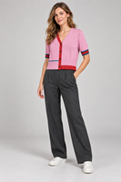 Cardigan en tricot personnalisé pour femme, col en V, manches courtes, bordure contrastante, boutons, pull, hauts tricotés de printemps, fabricant de mode