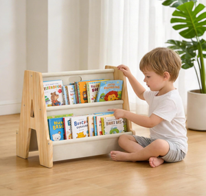 Étagère à livres portable pour enfants à 4 niveaux, double face, en bois, style Montessori, étagère à livres pour tout-petits en pin massif, étagère à livres pour enfants en forme <span class=keywords><strong>de</strong></span> A avec poignée - Product Image 1