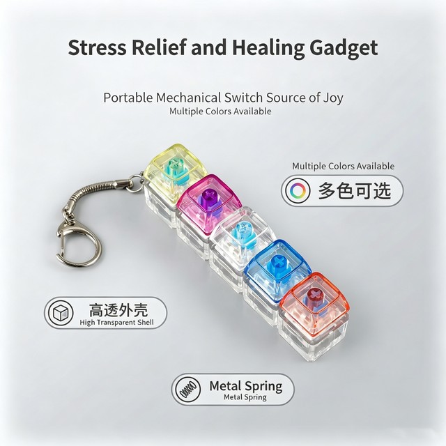 5-Key Linear Mechanical Switch Fidget Plastic Toy Transparent PC Keychain With Click Sound Stress Relief Light up Bag Pendant