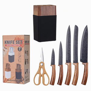 Ensemble de 7 couteaux de cuisine en acier inoxydable avec bloc de rangement, motif grain de bois, comprenant un couteau de chef et des ciseaux - Product Image 2