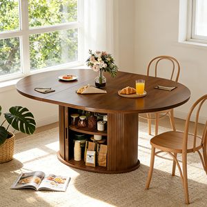 Table à manger extensible SENYU ronde à ovale avec armoire de rangement à 3 niveaux, table à dîner extensible en bois pour 4 à 6 personnes - Product Image 3