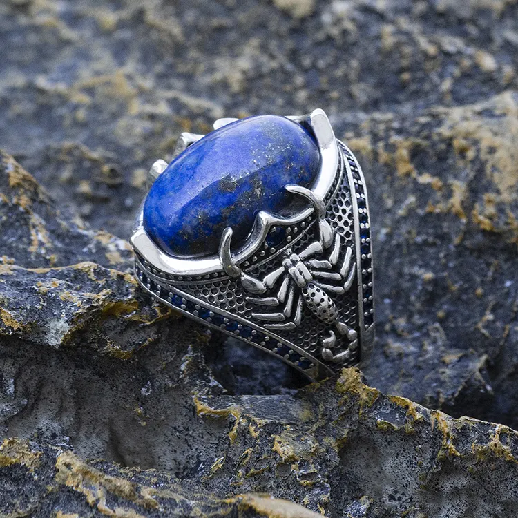Stylish and Unique Scorpion Men Ring 925 Sterling Silver with Lapis Lazuli Big Stone Designs Silver Rings Men