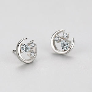 Boucles d'oreilles clous personnalisables en argent sterling S925 avec zircone taille ronde, thème étoile et lune, version cuivre, pour femme - Product Image 6