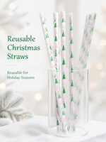 Pailles réutilisables imprimées pour Noël, pailles à boire personnalisées pour les fêtes, pailles en plastique à motif d'arbre de Noël