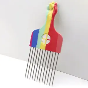 Hot Sale Black Fist Metal Fork Comb Stainless Steel Pin Rainbow Afro Pick Comb for Hair Styling