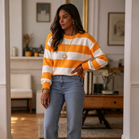 Pull en tricot ample à col rond et larges rayures pour femme, haut décontracté, personnalisable