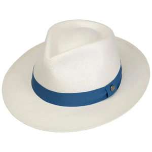 Chapeau Panama blanc unisexe avec bande de ruban bleu, chapeau Fedora en paille, accessoire d'été pour la plage - Product Image 4