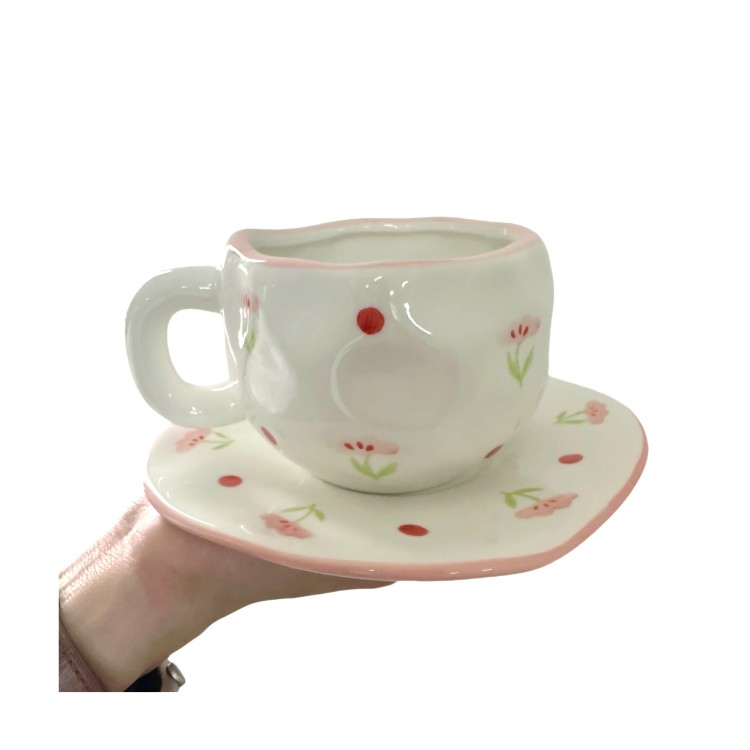 Tasse à motif floral rose, 300 ml, avec soucoupe de 16 cm.