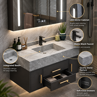 Ensemble de meubles de salle de bain de luxe avec lavabo intégré, miroir carré intelligent mural, finition marbre/quartzite