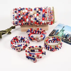 2024 Nouveaux Bracelets Drapeau Américain pour Femme USA Jour de l'Indépendance Bracelet Patriotique 4 Juillet Rouge Blanc Bleu Heishi Bracelets